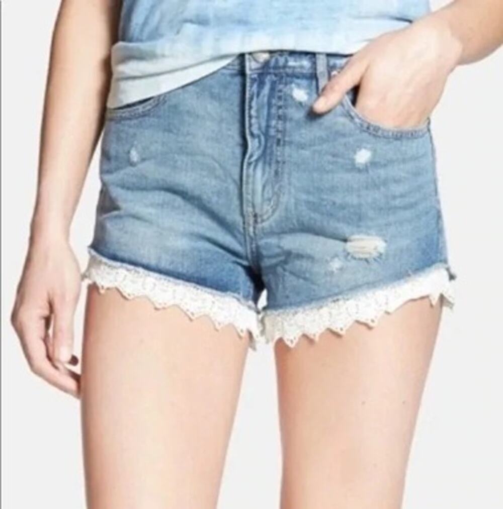 Free People Lace Trim Distressed Denim Shorts Womens 24 Boho Festival